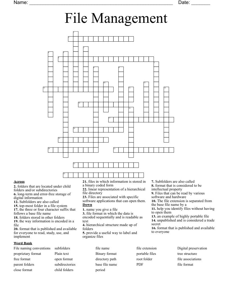 File Management Crossword