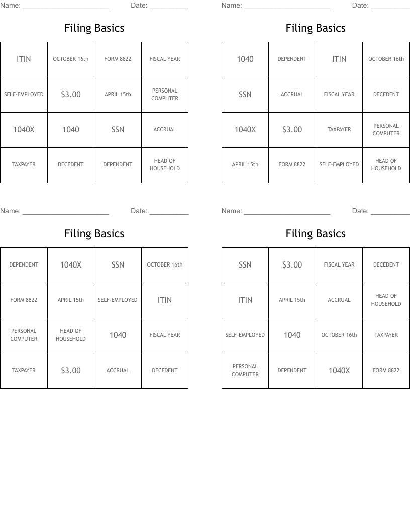 Filing Basics Bingo Cards
