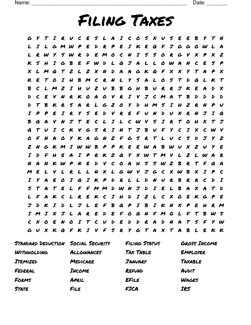 Filing Taxes Word Search