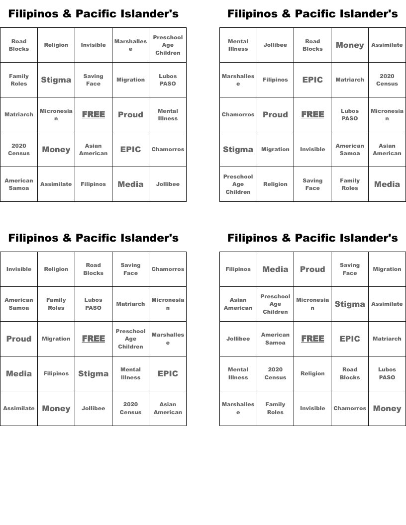 Filipinos &  Pacific Islander's Bingo Cards