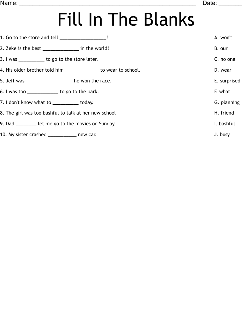 Fill In The Blanks Worksheet