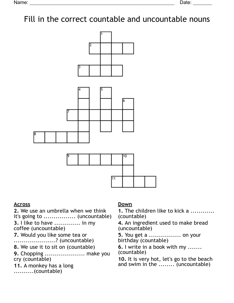 Fill in the correct countable and uncountable nouns Crossword