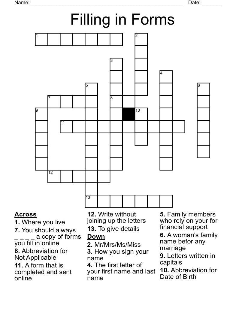 Filling in Forms Crossword
