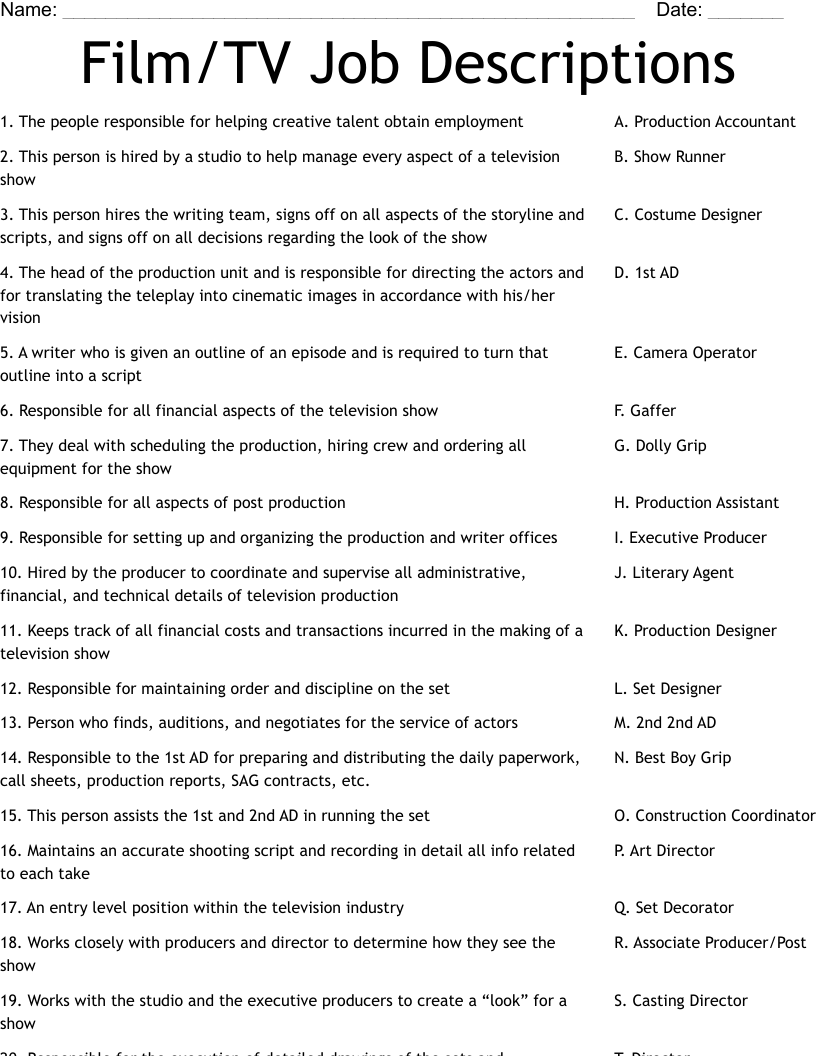 Film/TV Job Descriptions Worksheet