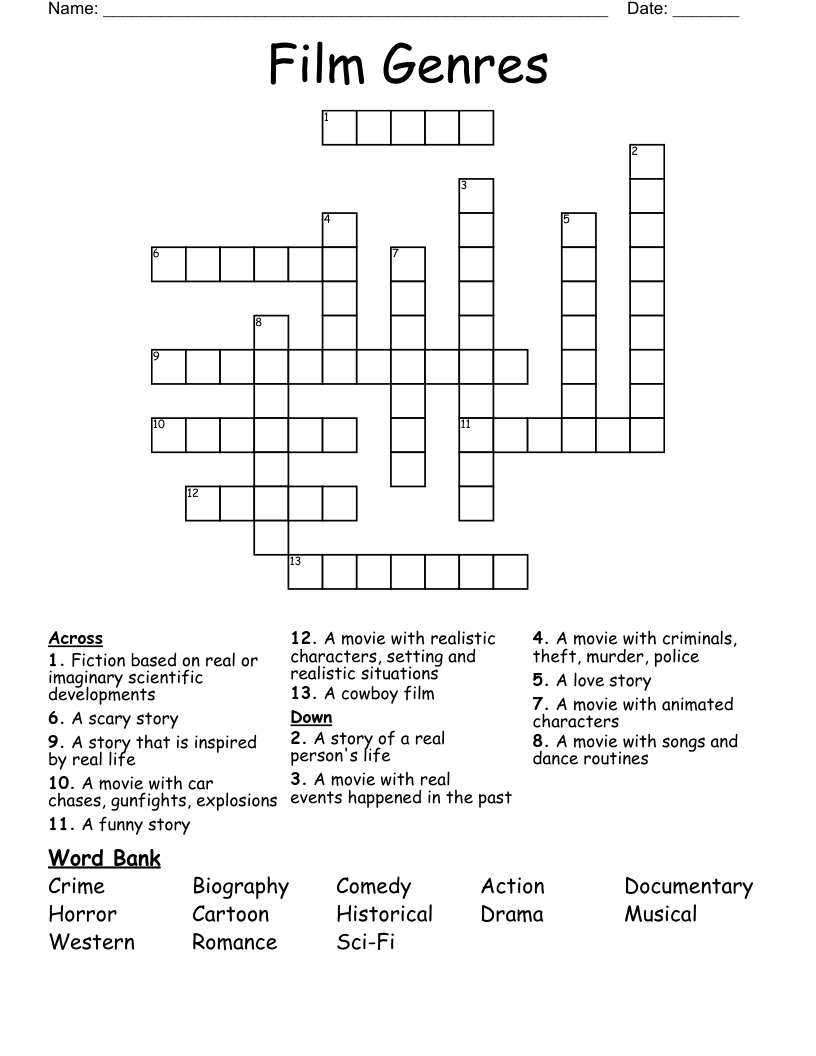 Film Genres Crossword