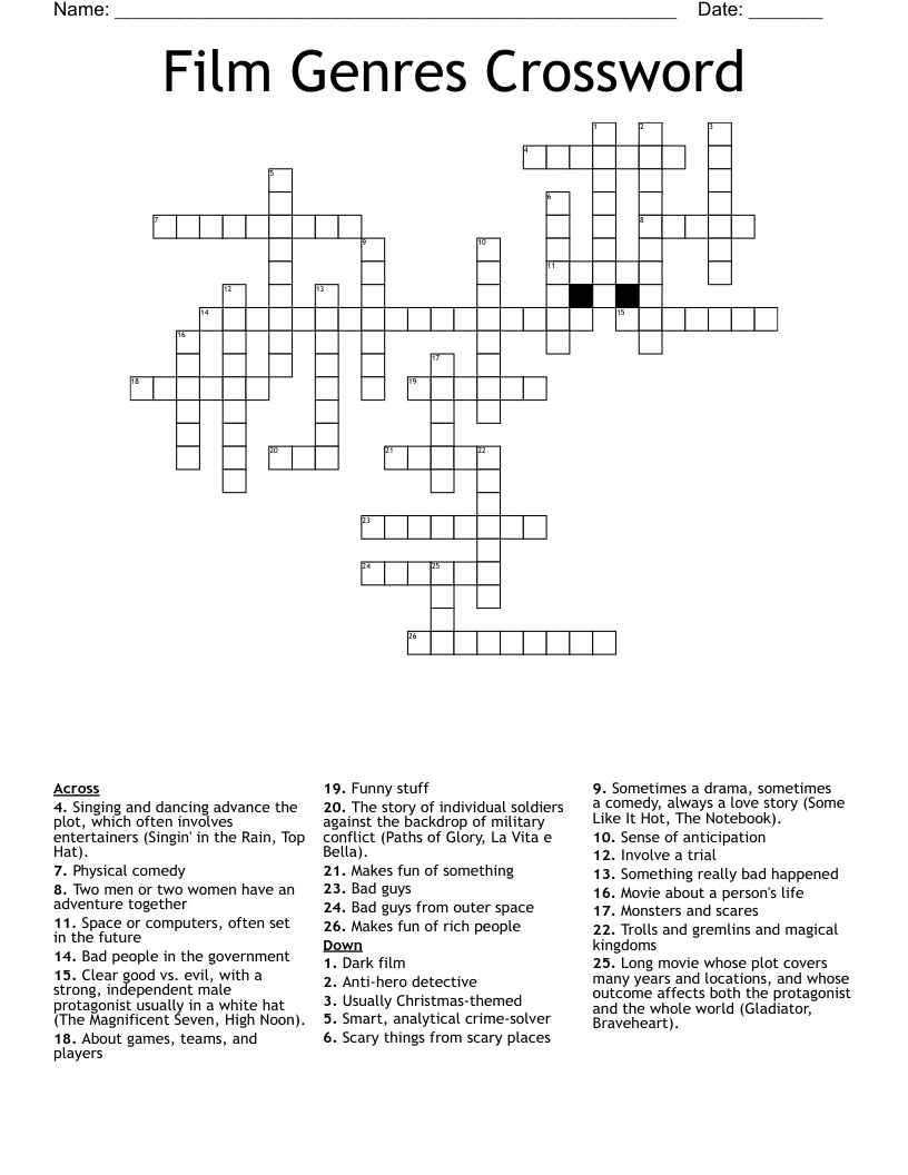 Film Genres Crossword