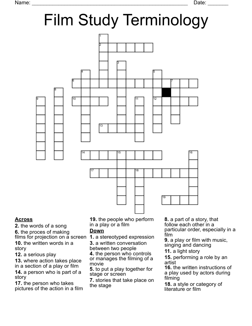Film Study Terminology Crossword
