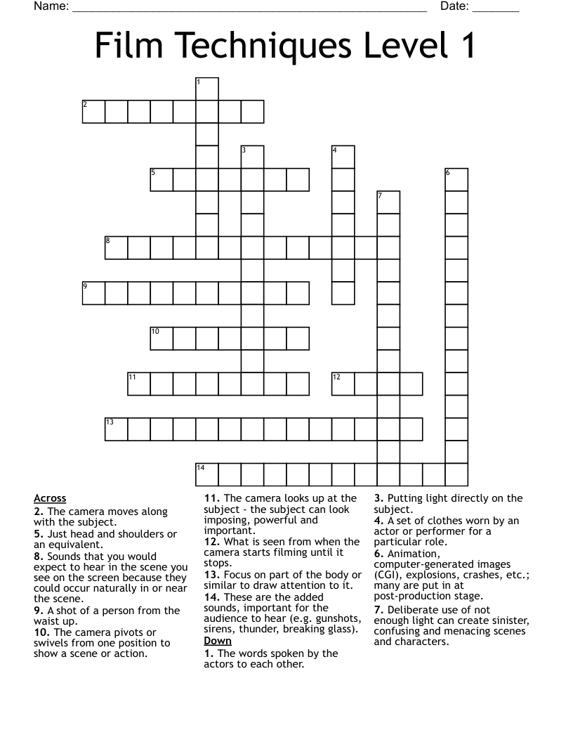 Film Techniques Level 1 Crossword