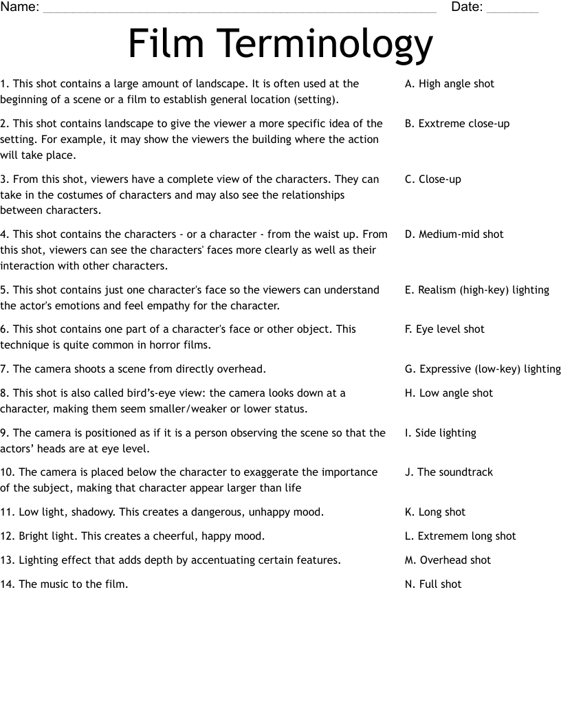 Film Terminology Worksheet