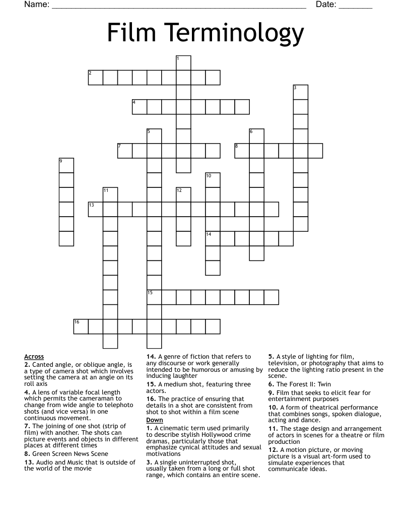 Film Terminology Crossword