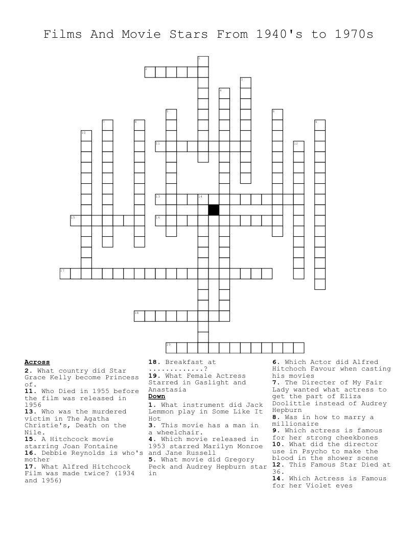 Films And Movie Stars From 1940's to 1970s Crossword
