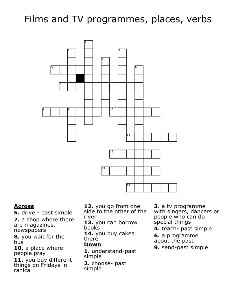 Films and TV programmes, places, verbs Crossword