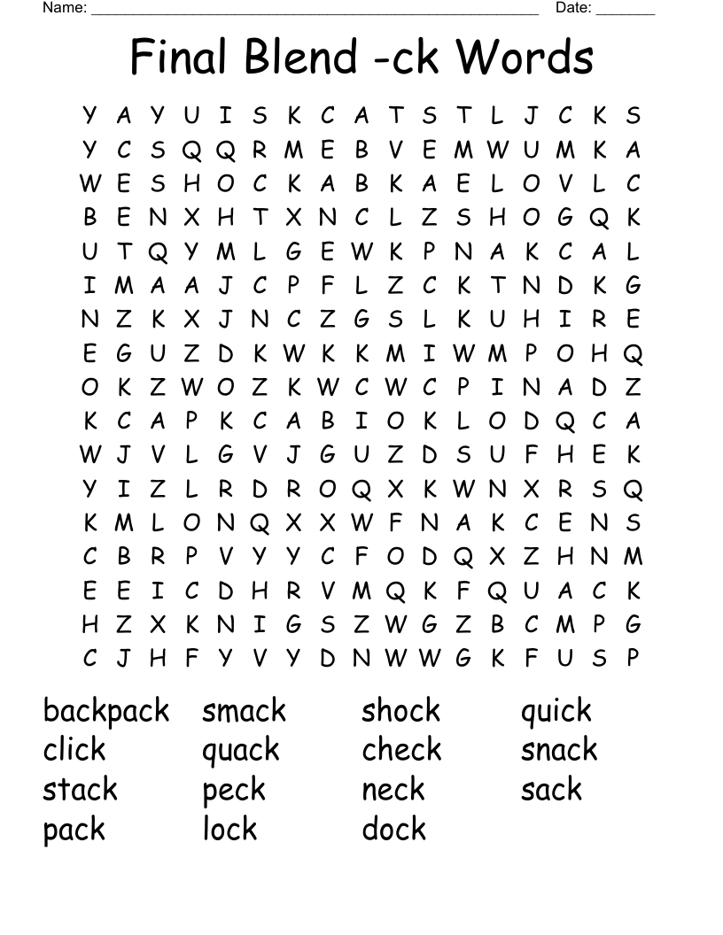 Final Blend -ck Words Word Search