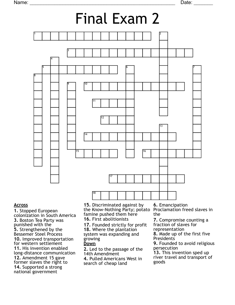 Final Exam 2 Crossword