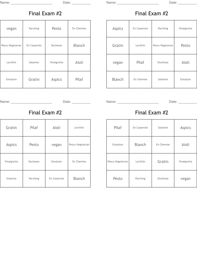 Final Exam #2 Bingo Cards