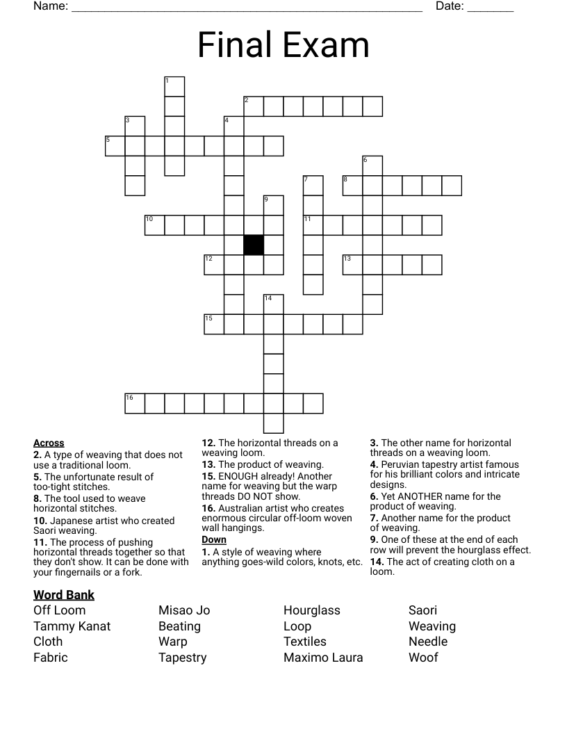 Final Exam Crossword