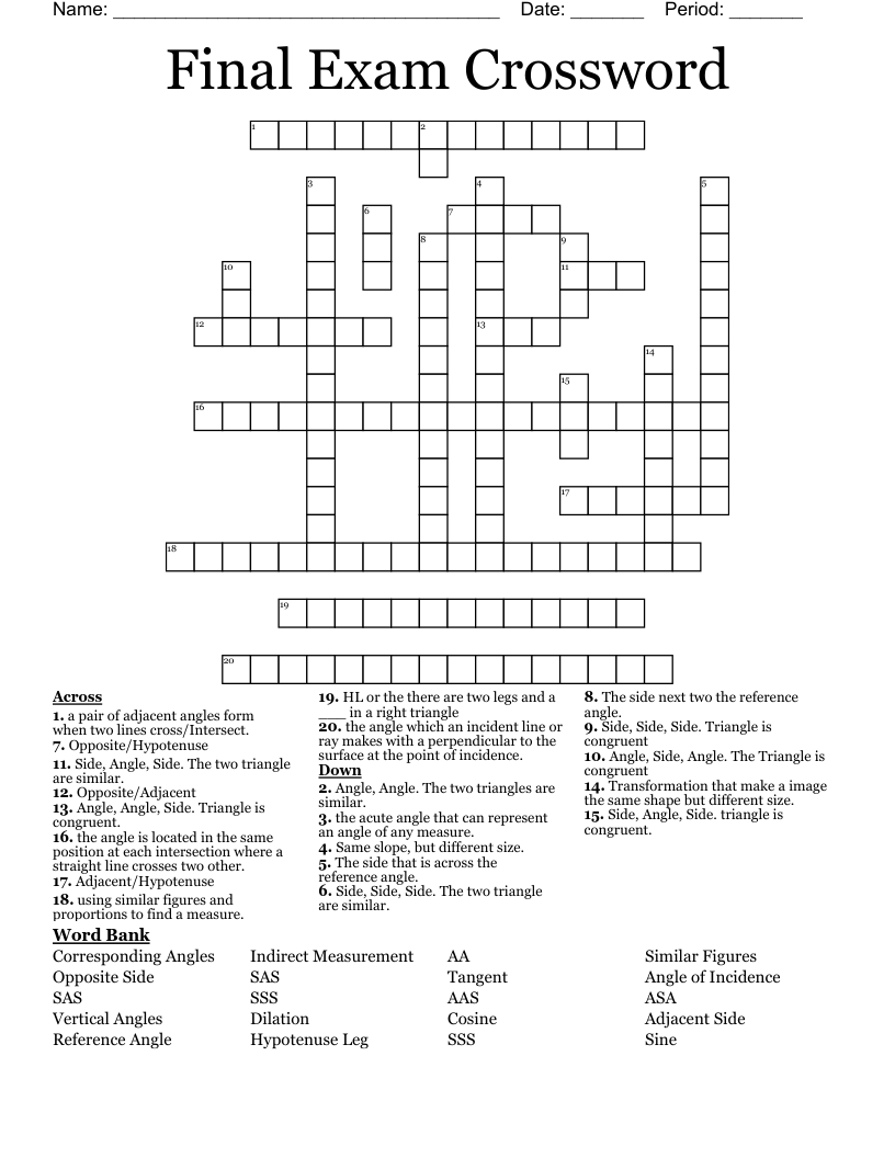 Final Exam Crossword