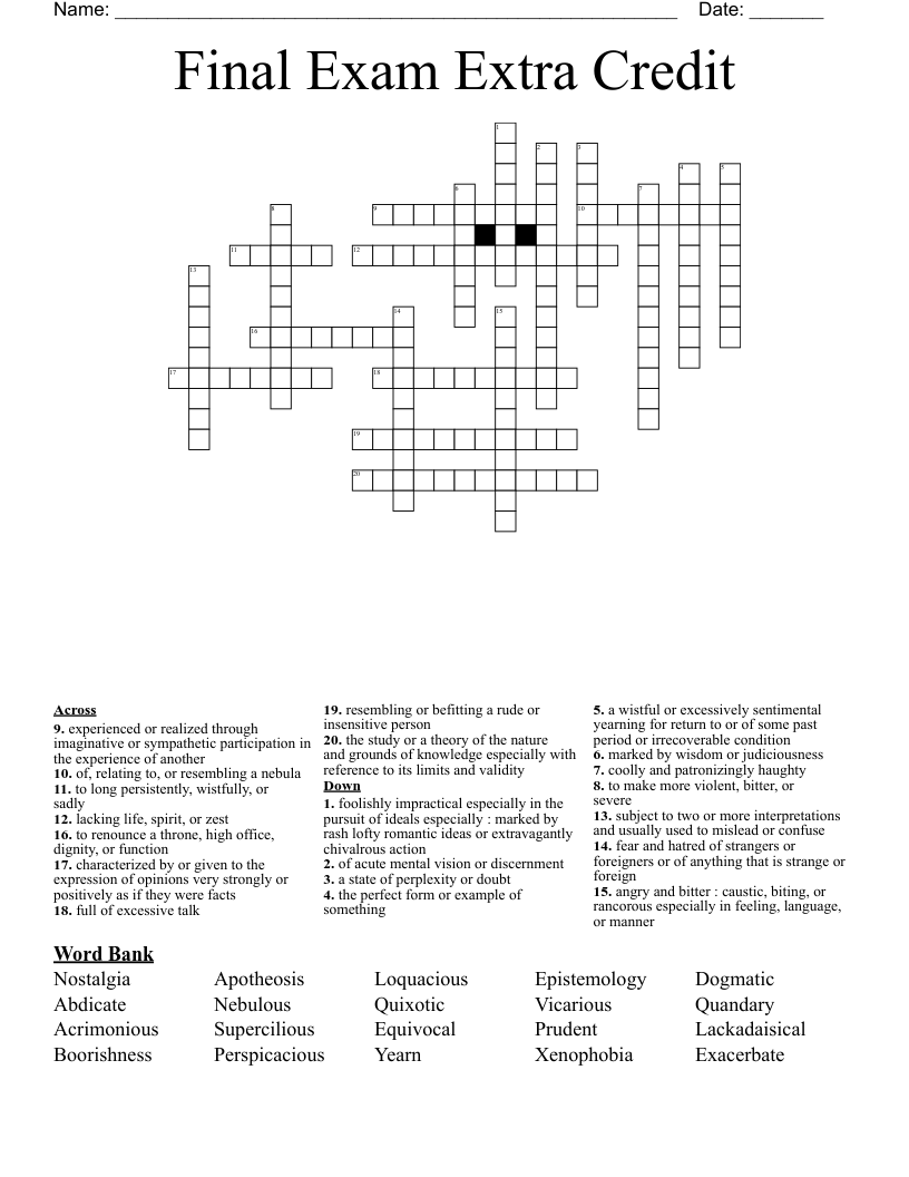 Final Exam Extra Credit Crossword