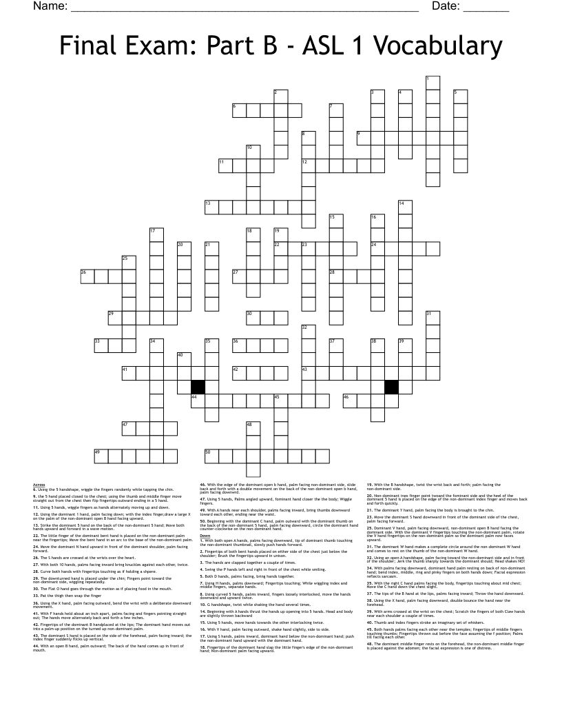 Final Exam: Part B - ASL 1 Vocabulary Crossword