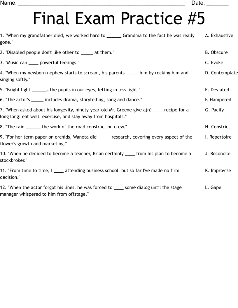 Final Exam Practice #5 Worksheet