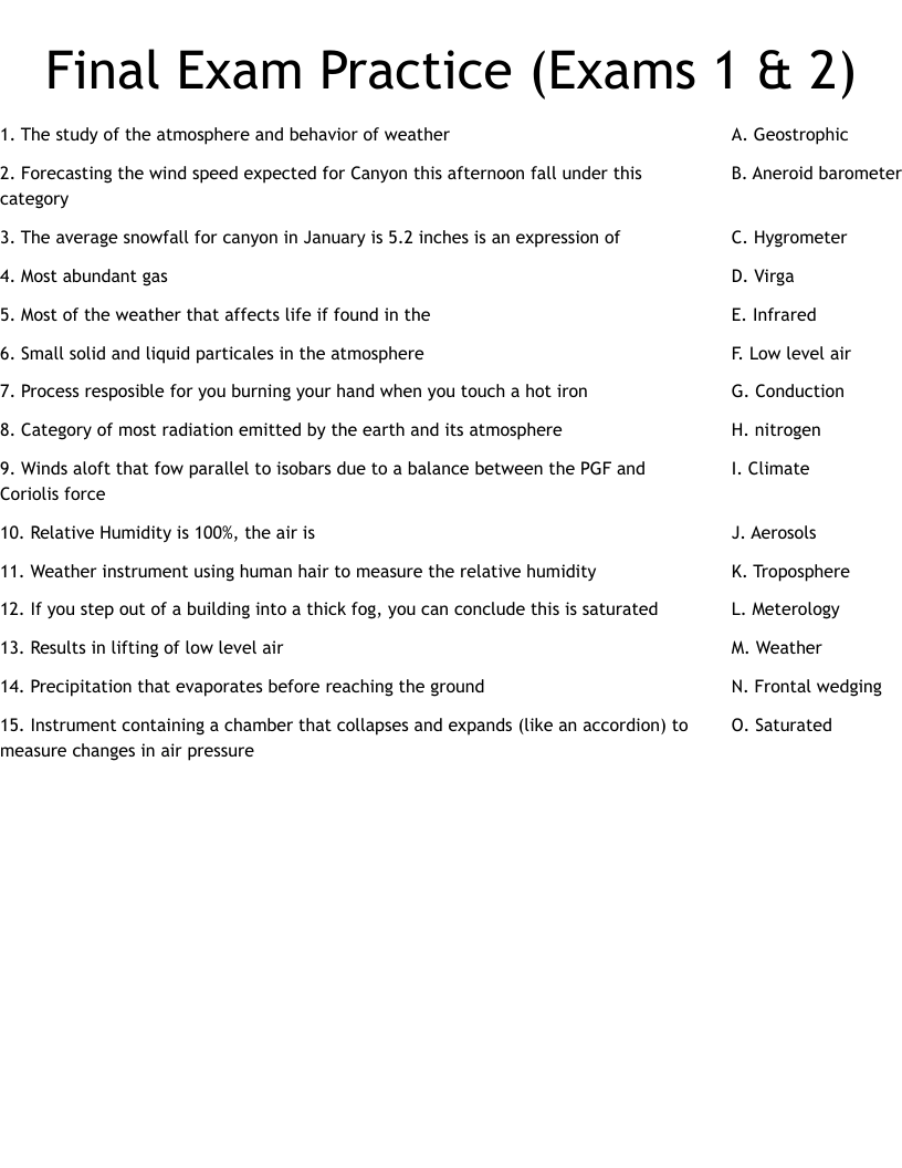 Final Exam Practice (Exams 1 & 2) Worksheet