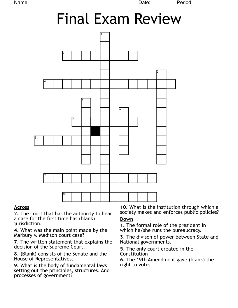 Final Exam Review Crossword