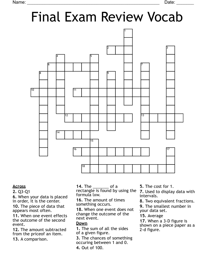 Final Exam Review Vocab Crossword