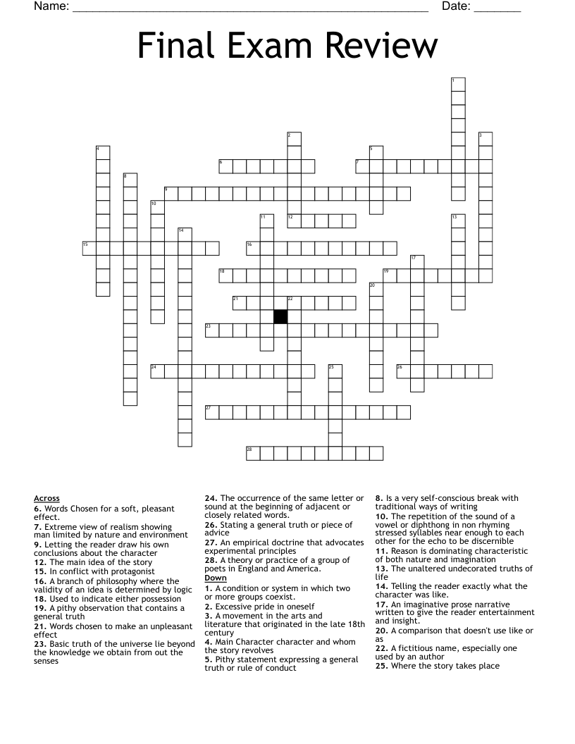 Final Exam Review  Crossword