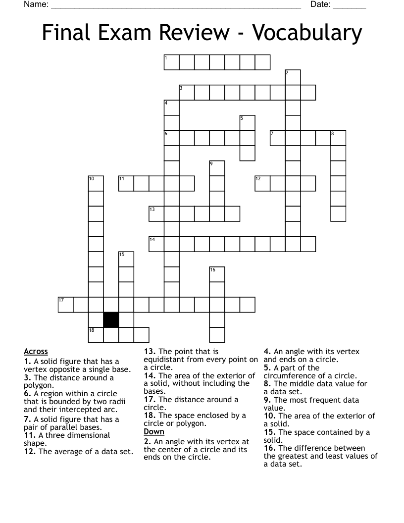 Final Exam Review - Vocabulary Crossword