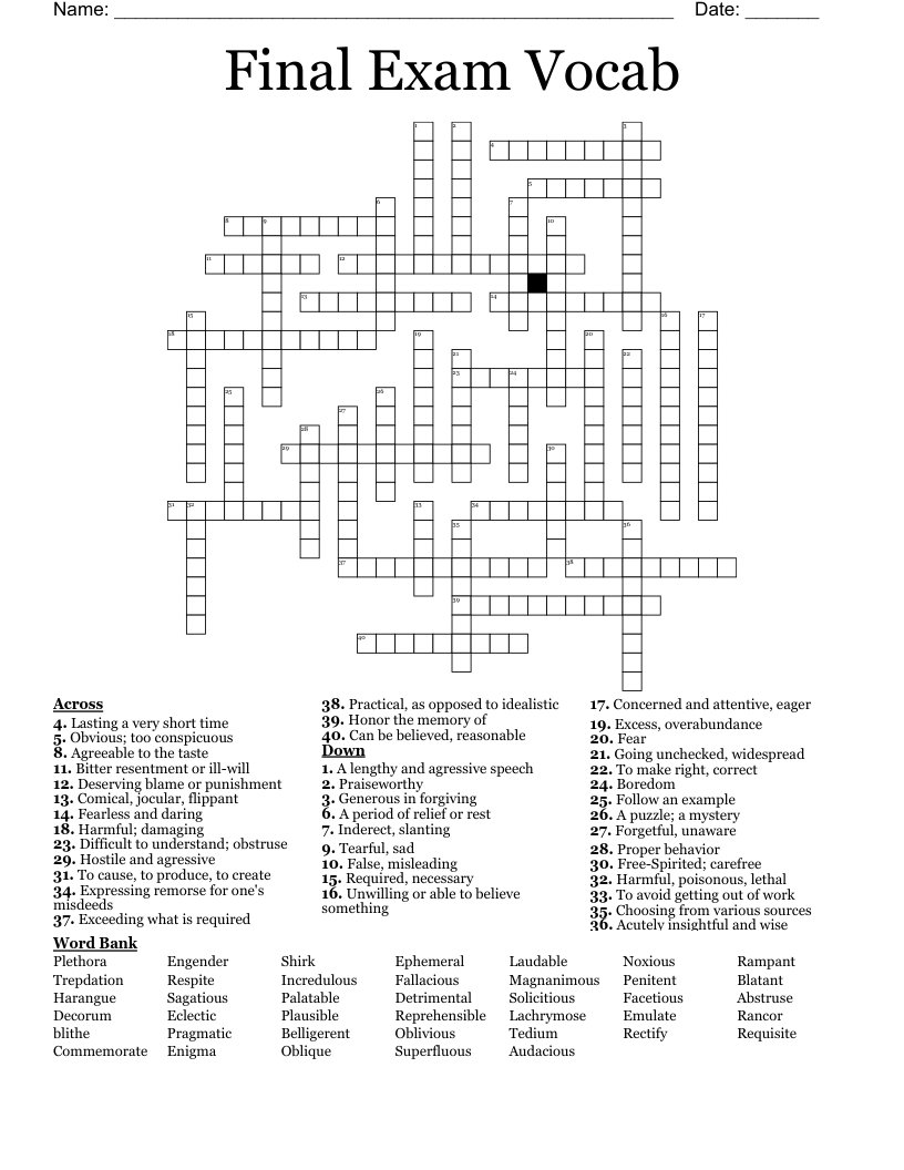 Final Exam Vocab Crossword