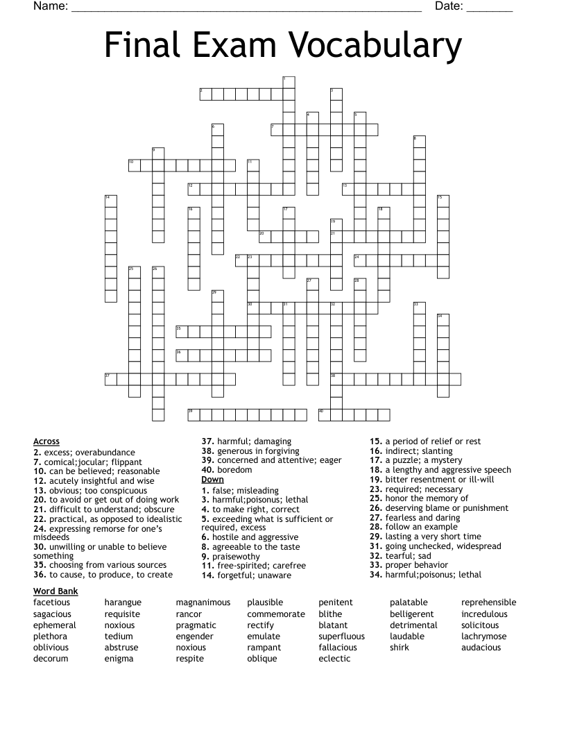 Final Exam Vocabulary Crossword