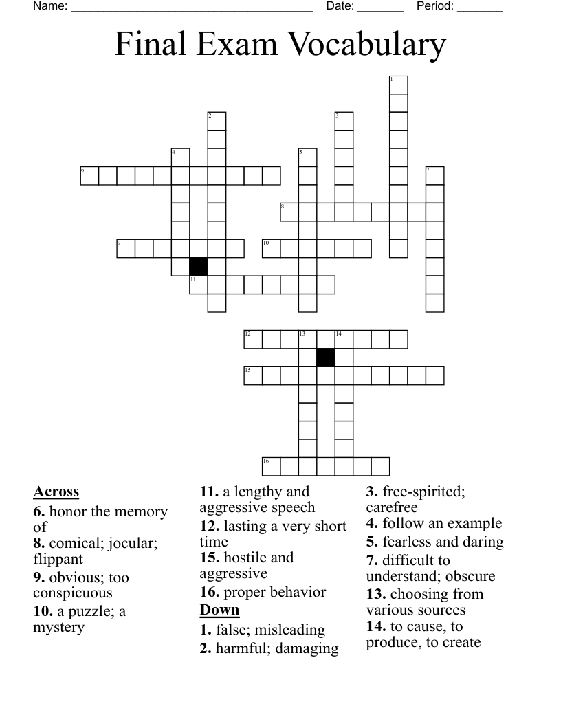 Final Exam Vocabulary Crossword