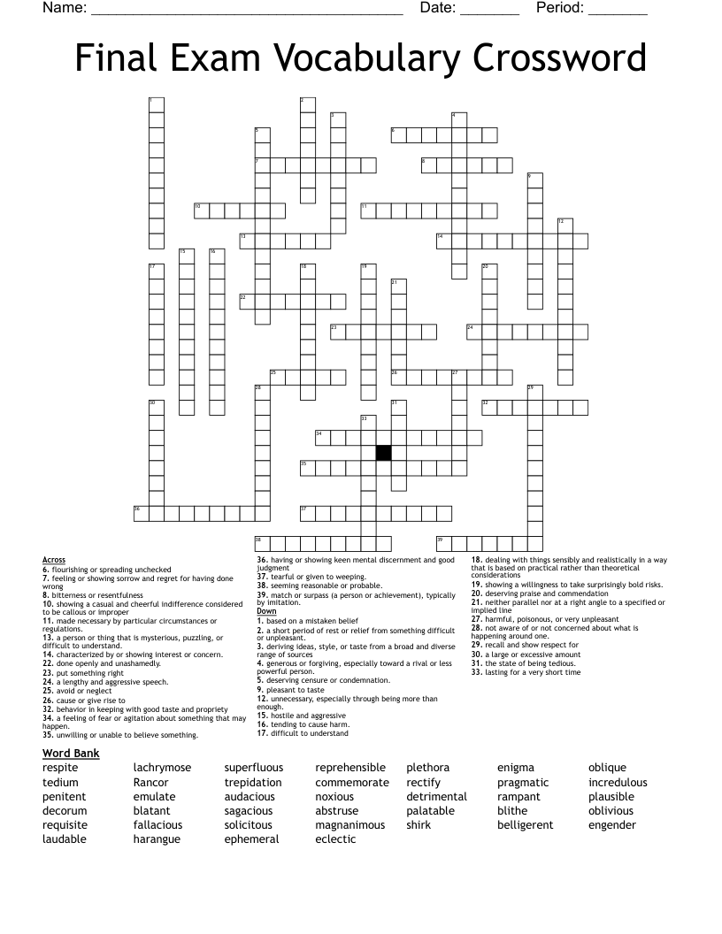Final Exam Vocabulary Crossword