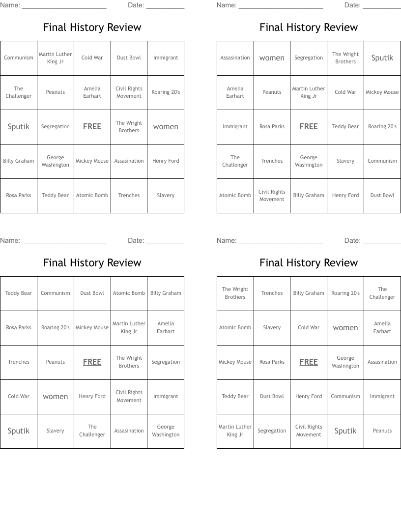 Final History Review Bingo Cards