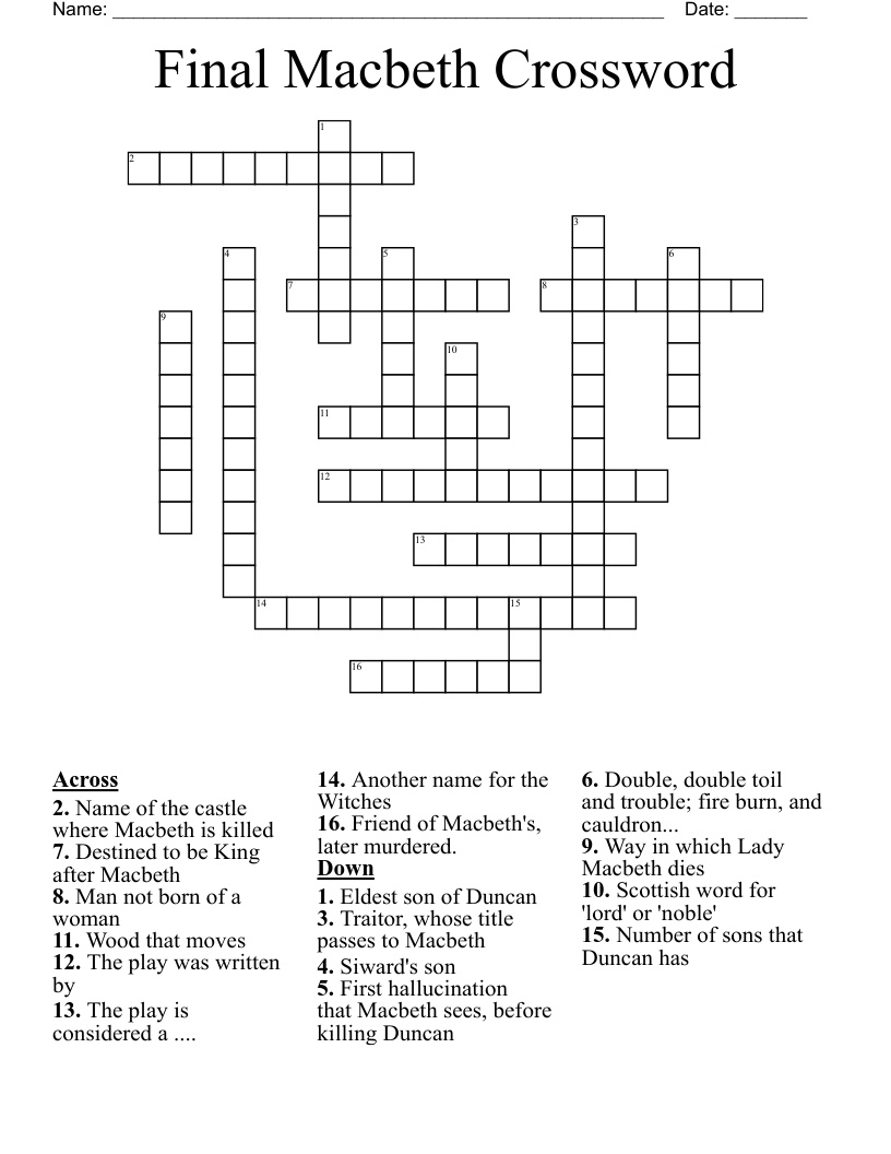 Final Macbeth Crossword