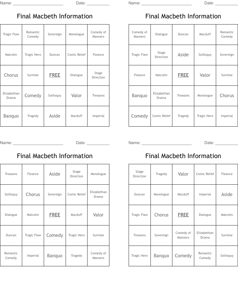 Final Macbeth Information Bingo Cards