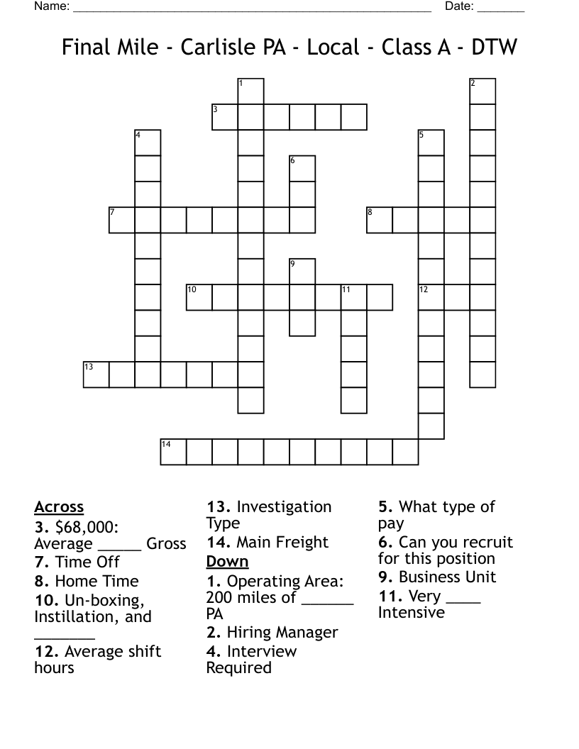 Final Mile - Carlisle PA - Local - Class A - DTW Crossword