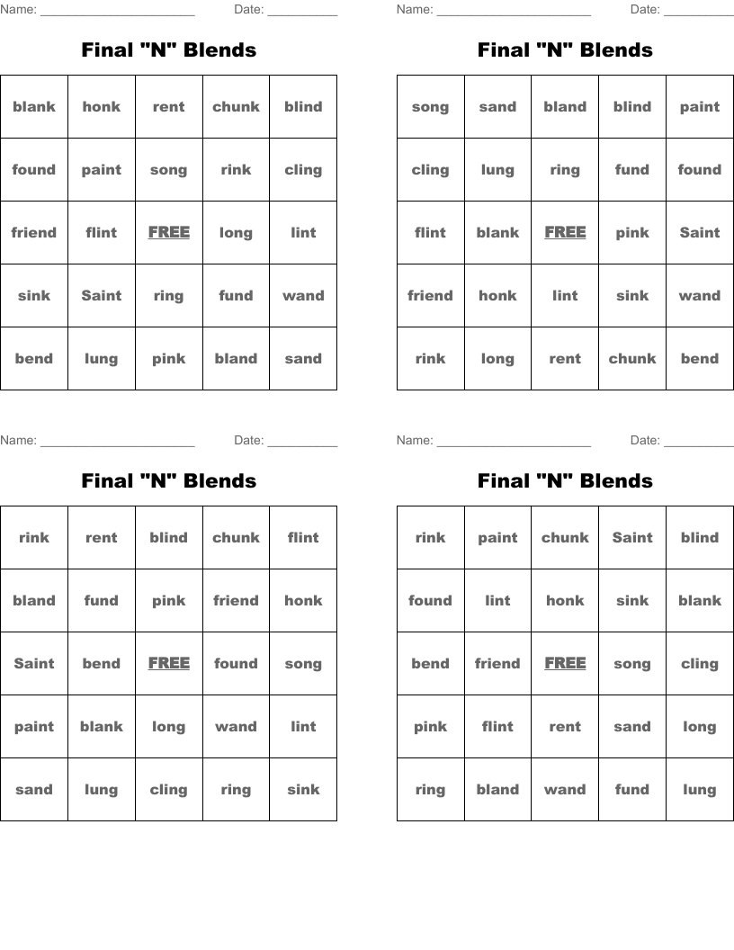 Final "N" Blends Bingo Cards