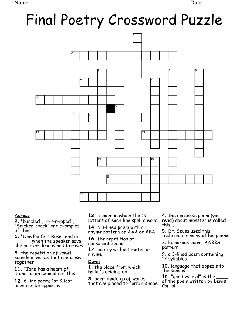 Final Poetry Crossword Puzzle