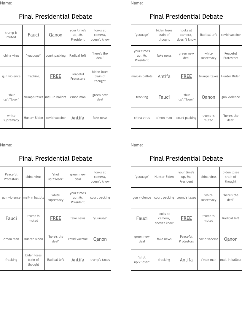Final Presidential Debate Bingo Cards