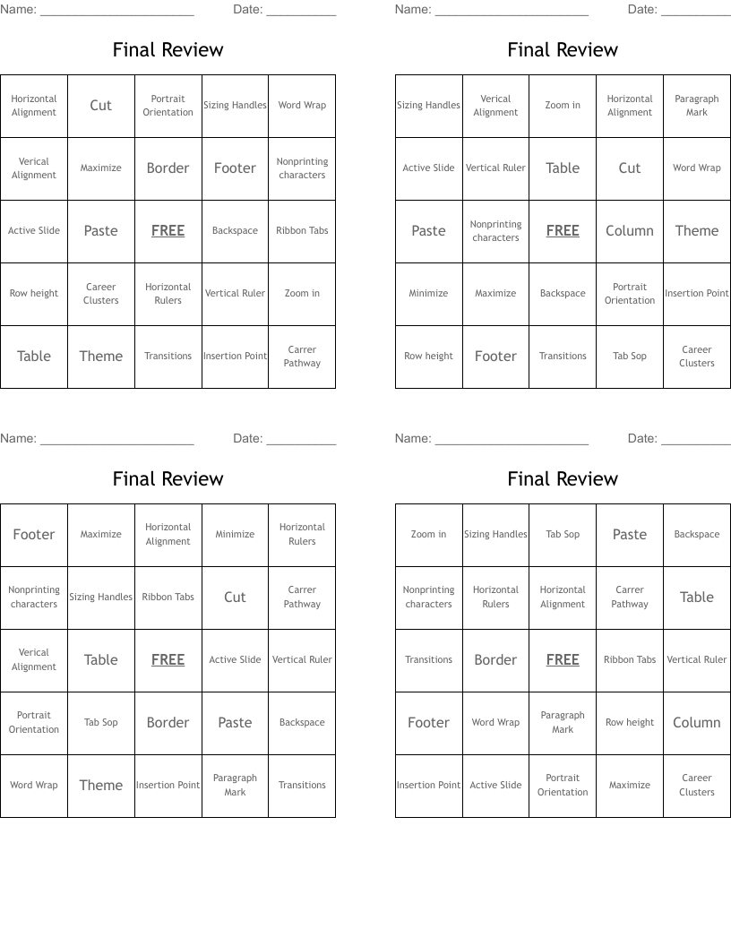 Final Review Bingo Cards