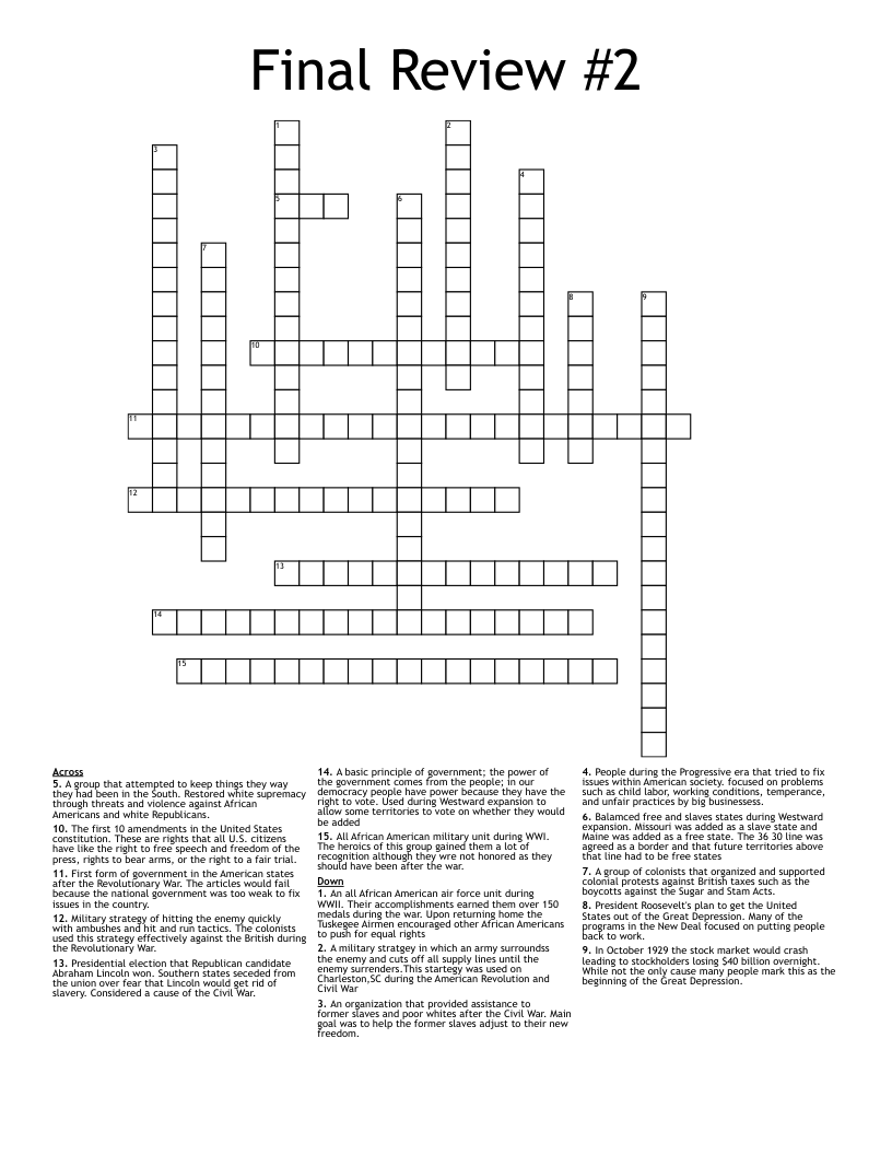 Final Review #2 Crossword