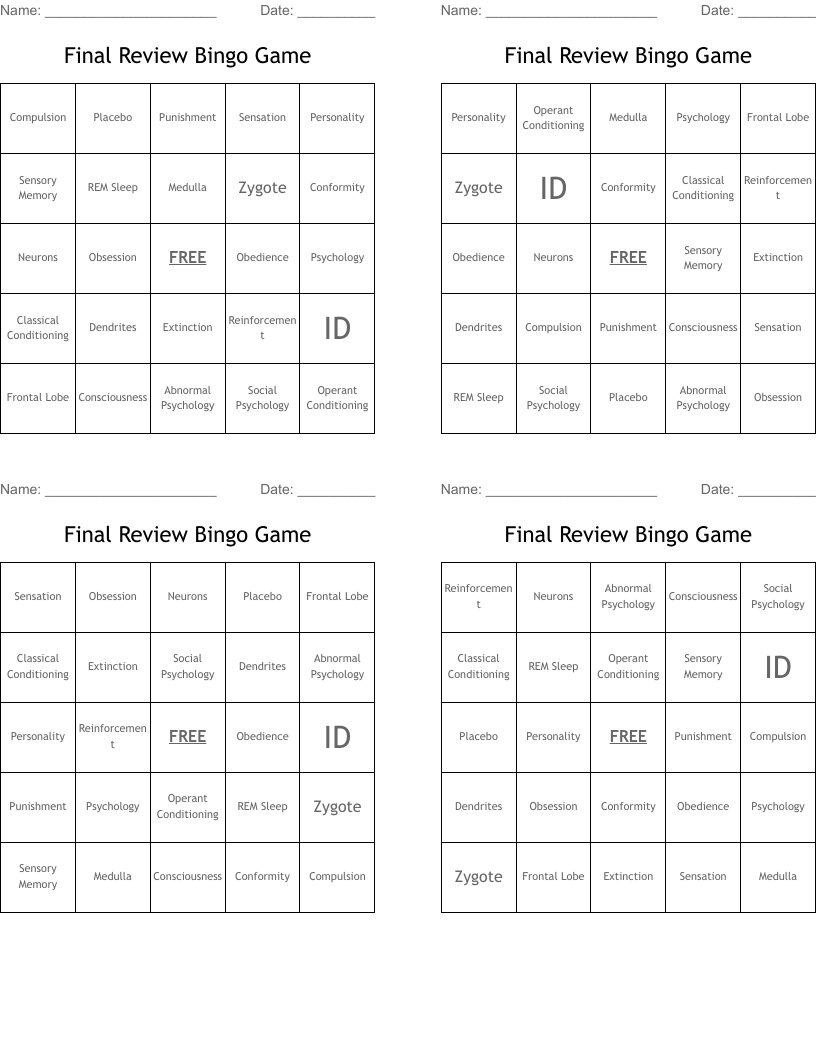 Final Review Bingo Game