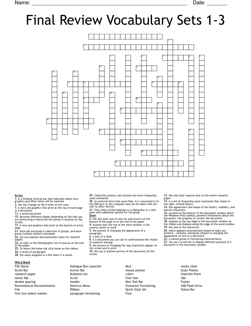 Final Review Vocabulary Sets 1-3 Crossword