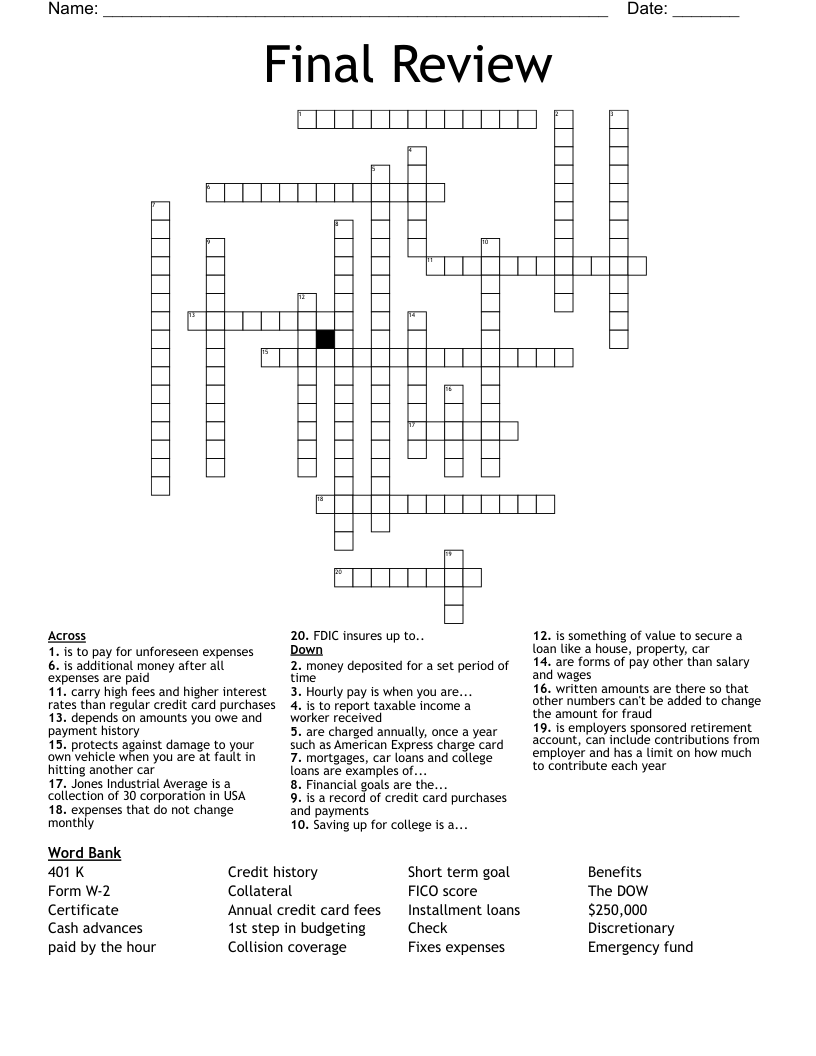 Final Review   Crossword