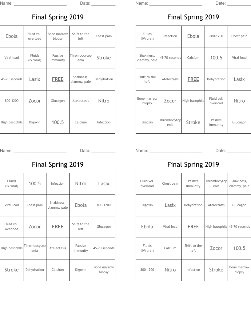 Final Spring 2019 Bingo Cards