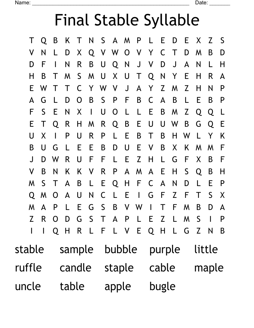 Final Stable Syllable Word Search