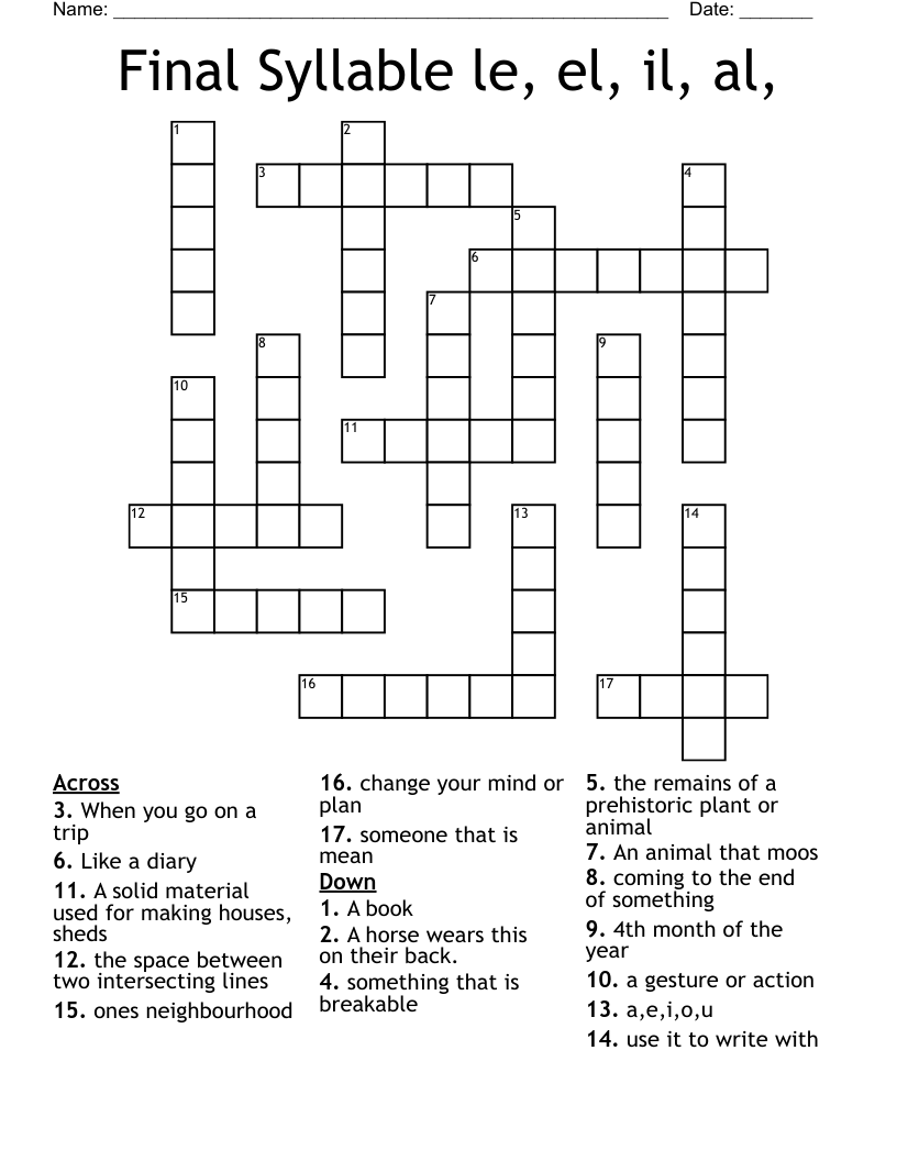 Final Syllable le, el, il, al, Crossword