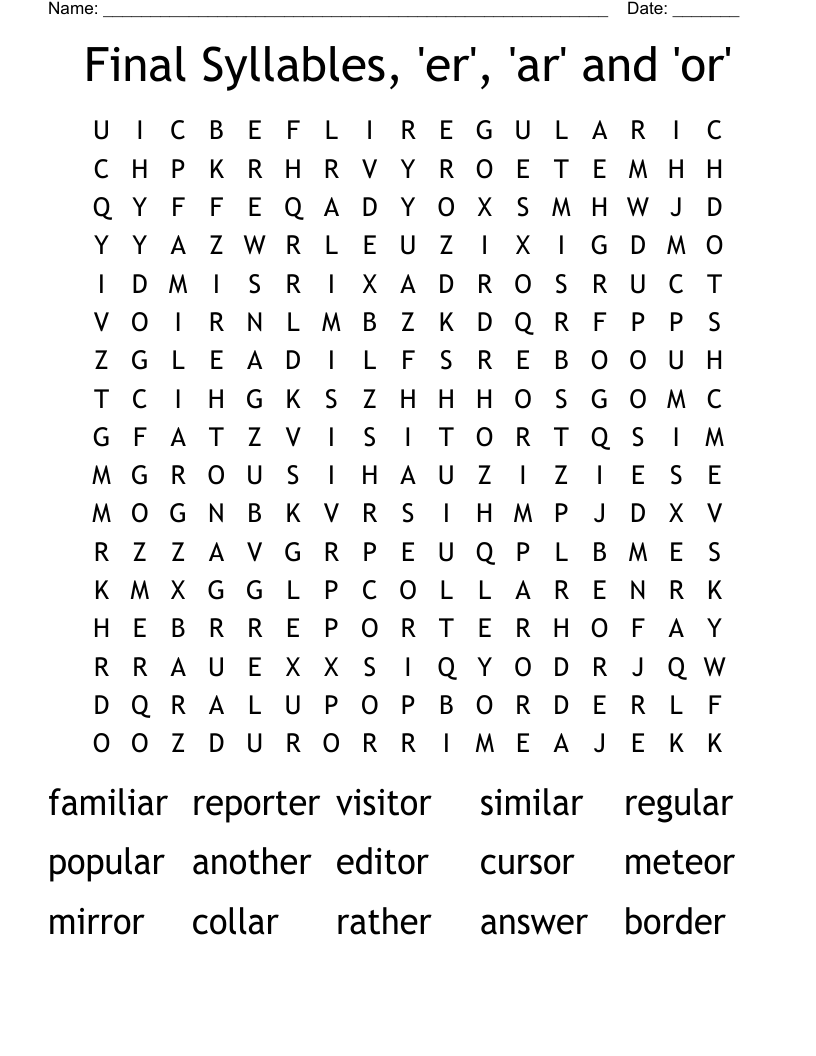 Final Syllables, 'er', 'ar' and 'or' Word Search