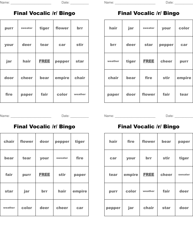 Final Vocalic /r/ Bingo